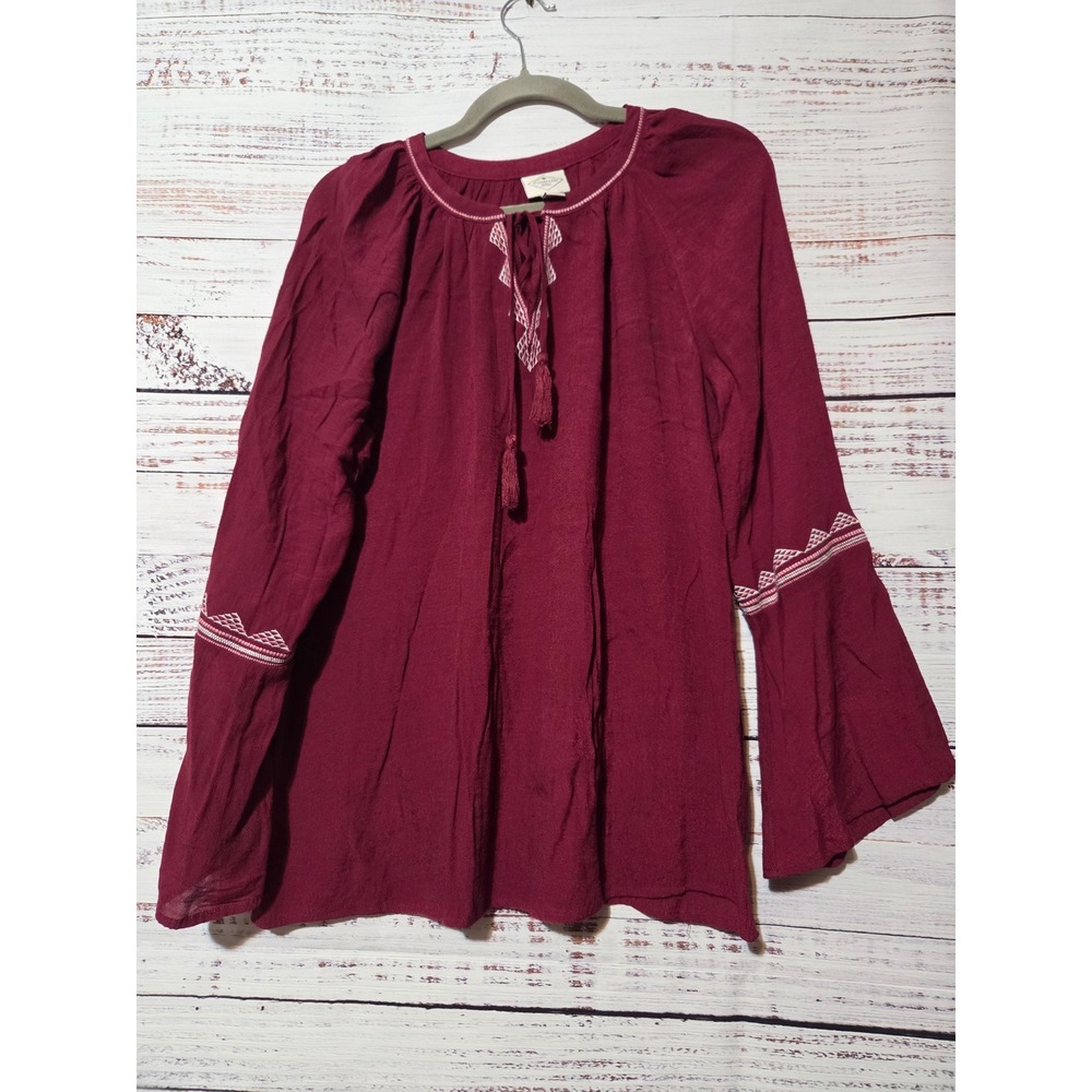 St Johns Bay Womens Large Burgundy Embroidered Tassel Peasant Blouse Bell Sleeve